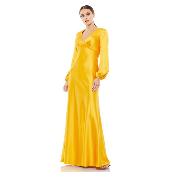 Mac Duggal 55693 Marigold Charmeuse Empire Waist Blouson Long Sleeve Gown 2 - Picture 1 of 8